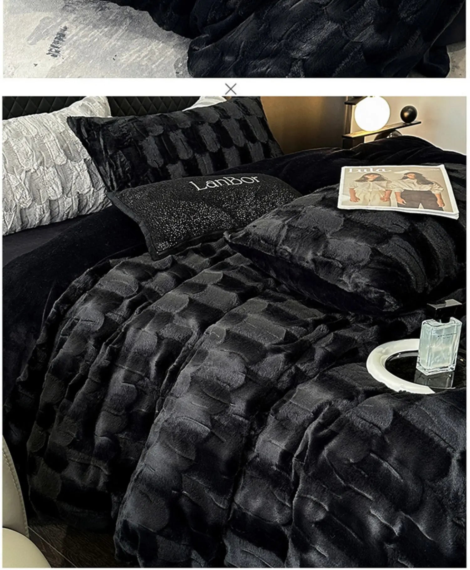 Black plush velvet bed